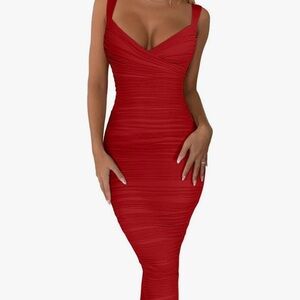 Bodycon Sleeveless Ruched Stretch Mesh Party Midi Dress